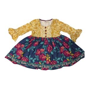 Boho Wildflowers Dress Size 10 Mustard Yellow Floral Long Sleeve Lace Trim Mixed